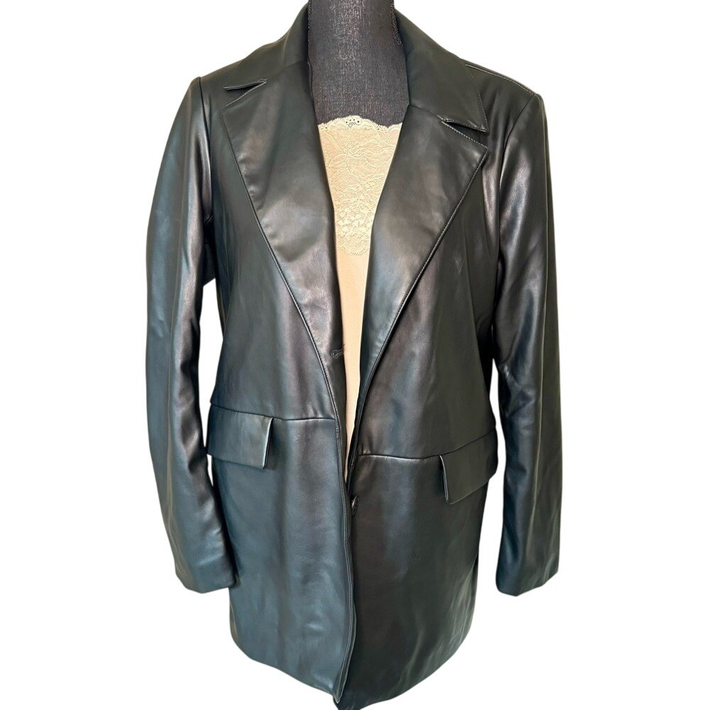 Garage Black Faux Leather Blazer Jacket Two Button Notched Lapel Size M